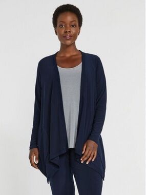 Sympli Navy Draped Open-Front Cardigan Jersey Motion Trim Travel Material